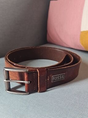 Fossil Genuine Leather Brown Belt Gunmetal Roller Buckle Size 42